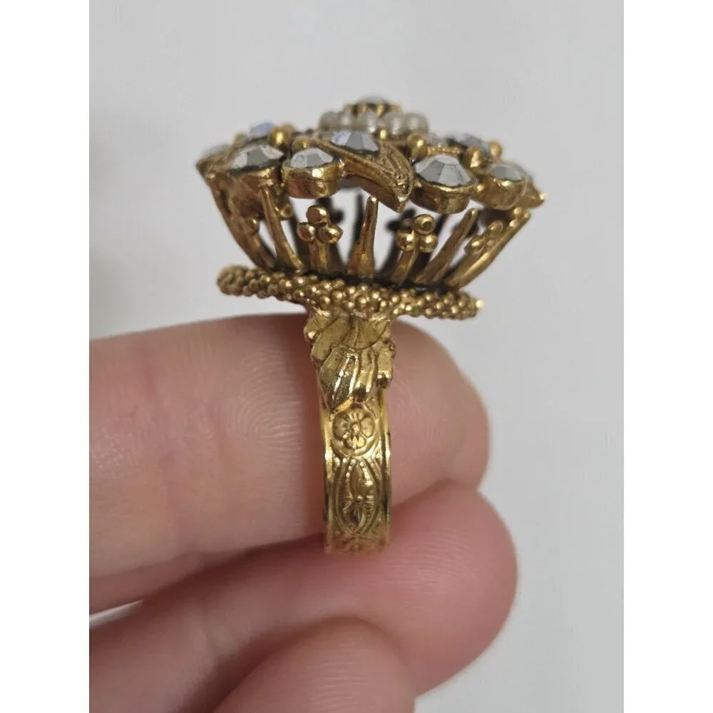 Vtg Florenza Ornate Gold Tone Rhinestone Faux Pearl Cocktail Ring Filigree